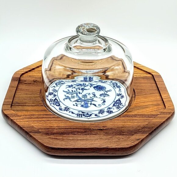 Vintage Dolphin Teakwood Cloche Blue White Center Tile Cheese Board - Picture 1 of 8